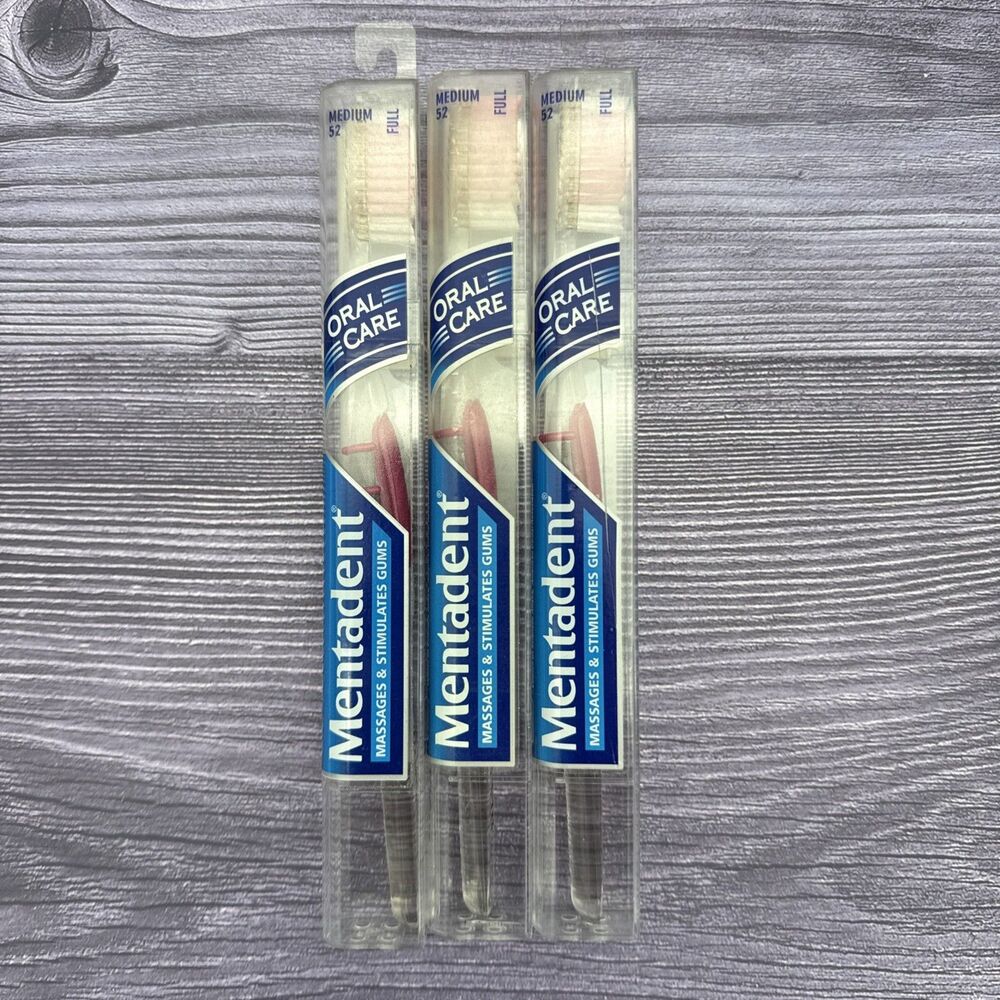 3 VTG Mentadent 52 Toothbrush Medium Full Head Flared Side Bristles PINK NOS